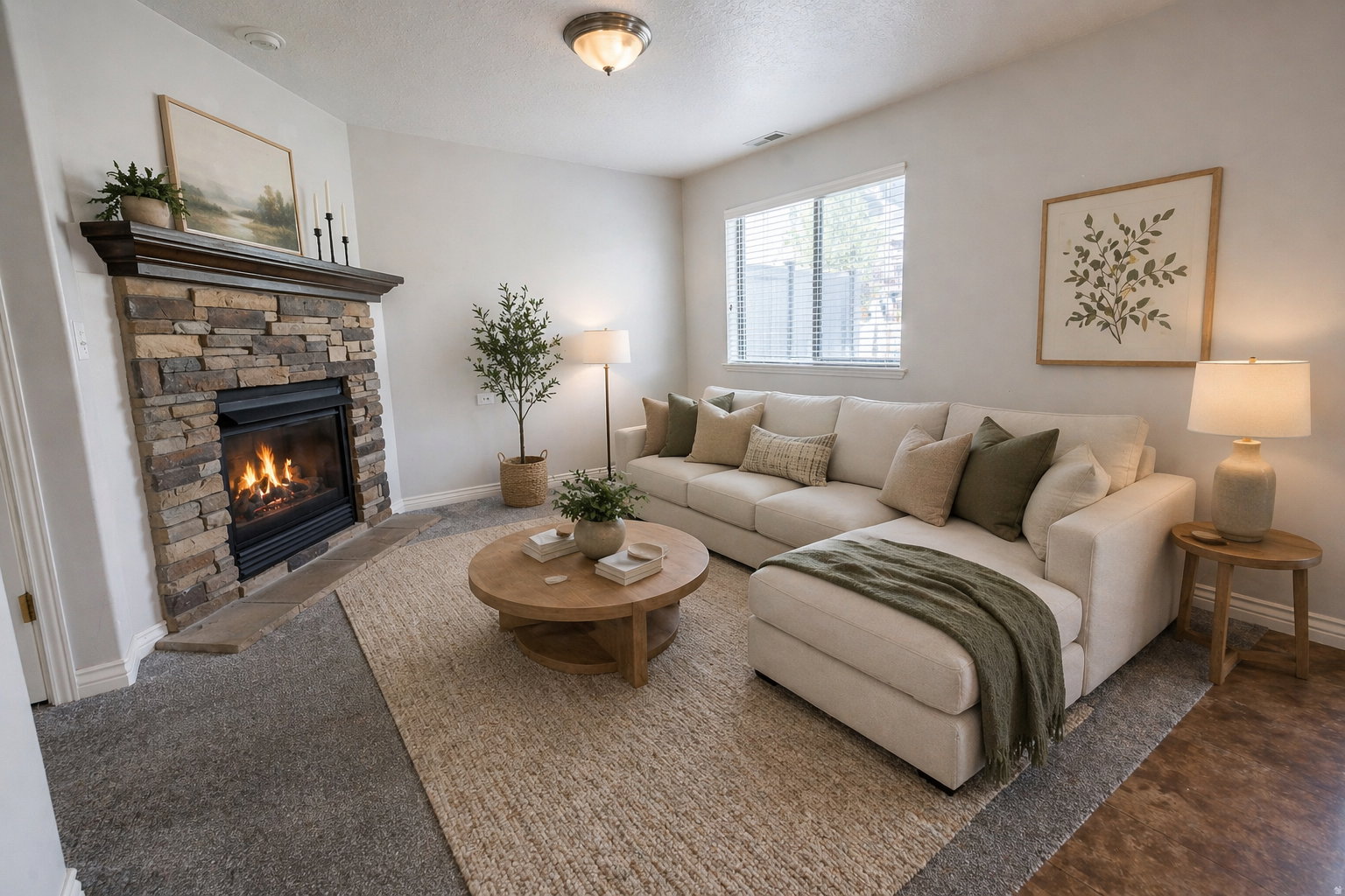 Virtually Staged - Living area with a fireplace and a textured ceiling