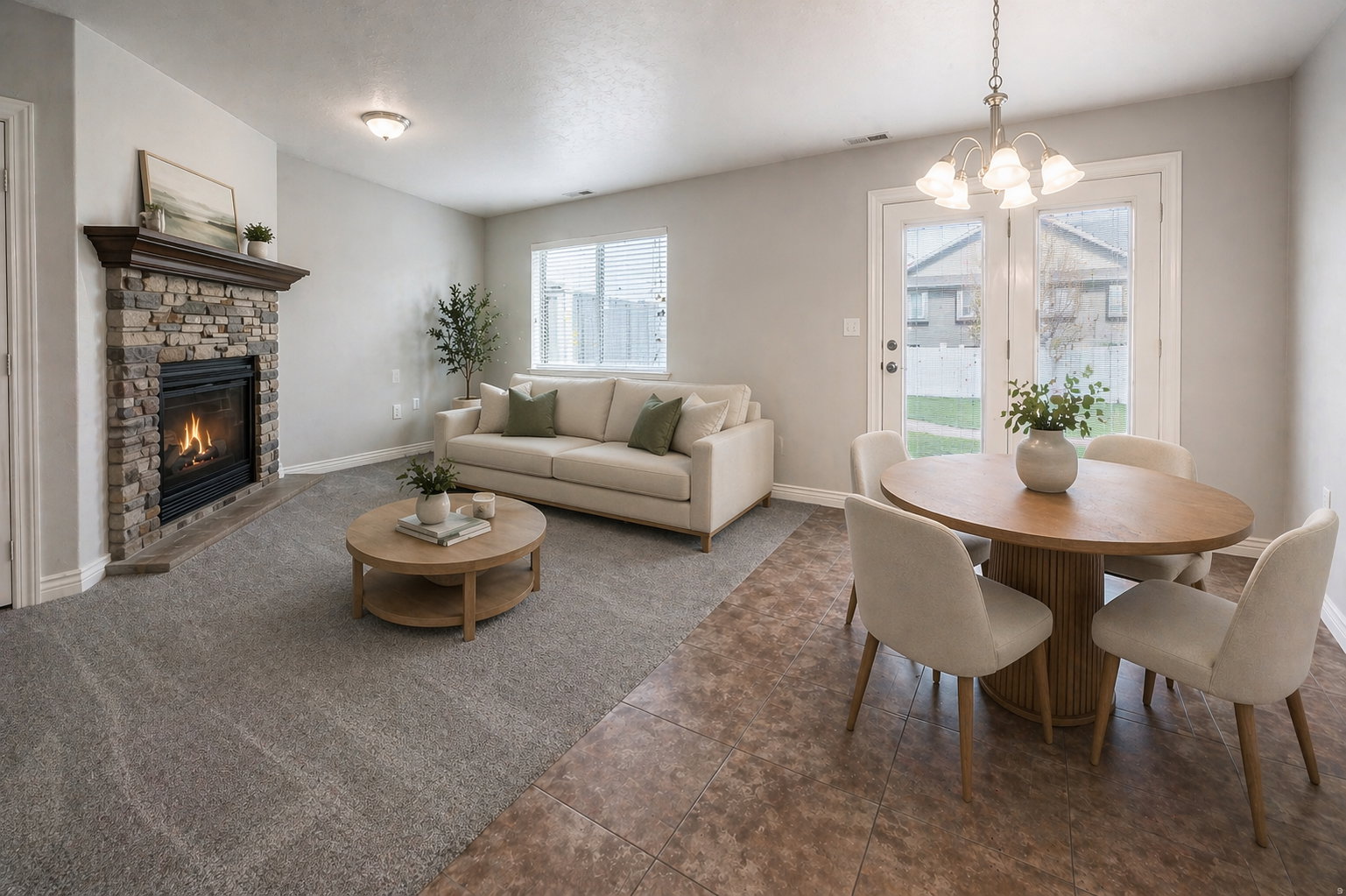 Virtually Staged - Tiled Dining room with a stone fireplace in the living room, hanging lights, and carpet floors