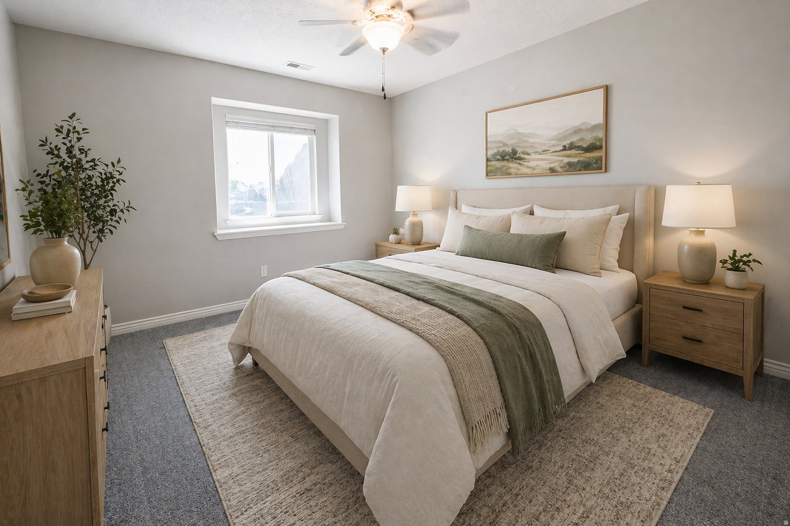Virtually Staged - Master Bedroom with dark colored carpet and ceiling fan