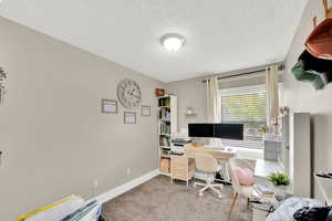 Home office with light colored carpet and a textured ceiling