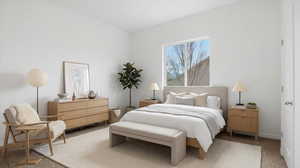 Bedroom with carpet flooring and baseboards