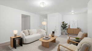 Living area with baseboards and light carpet