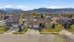 Aerial view of residential area with mountains