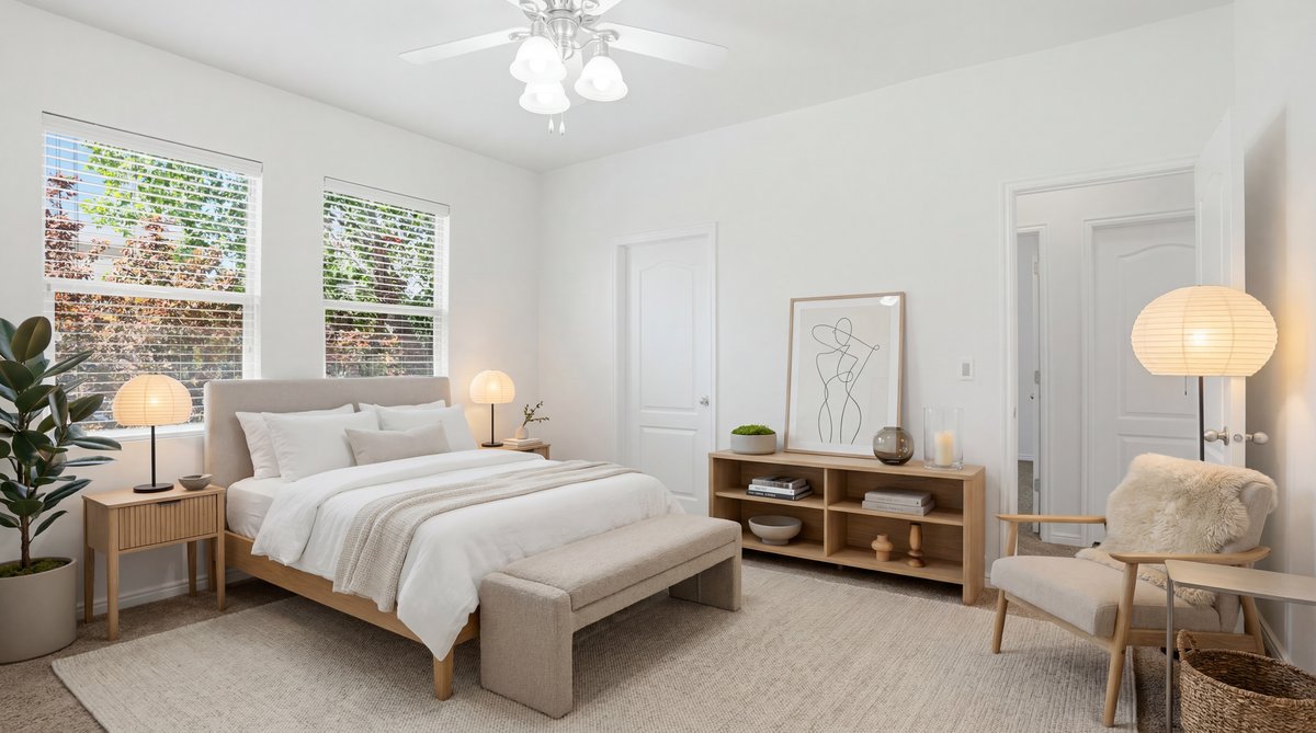 Bright bedroom featuring two windows with blinds, a ceiling fan with integrated lighting, a built-in shelving unit, and two panel doors