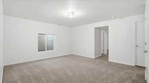 Spare room featuring light carpet and a textured ceiling
