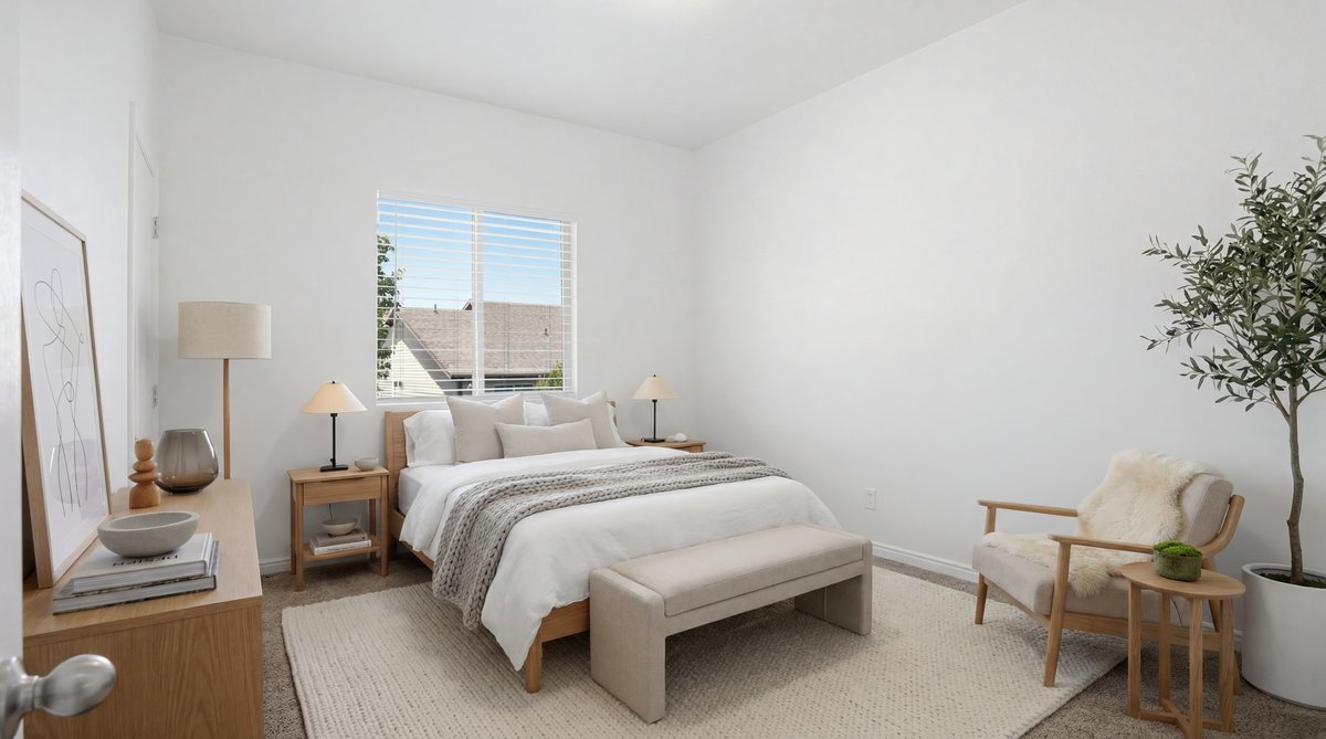 Carpeted bedroom featuring white walls, a single window with blinds, and a light-toned door