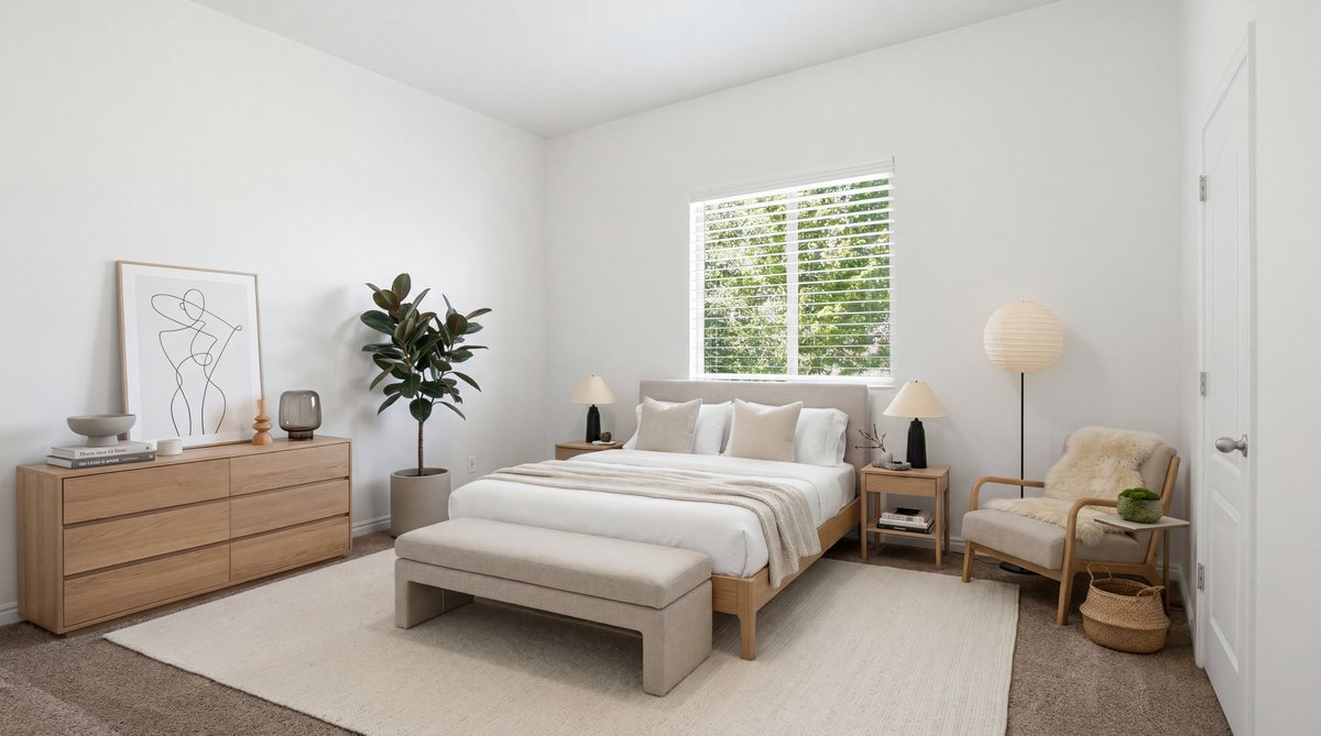 Spacious bedroom featuring light-colored walls, a window with horizontal blinds, and a neutral carpet