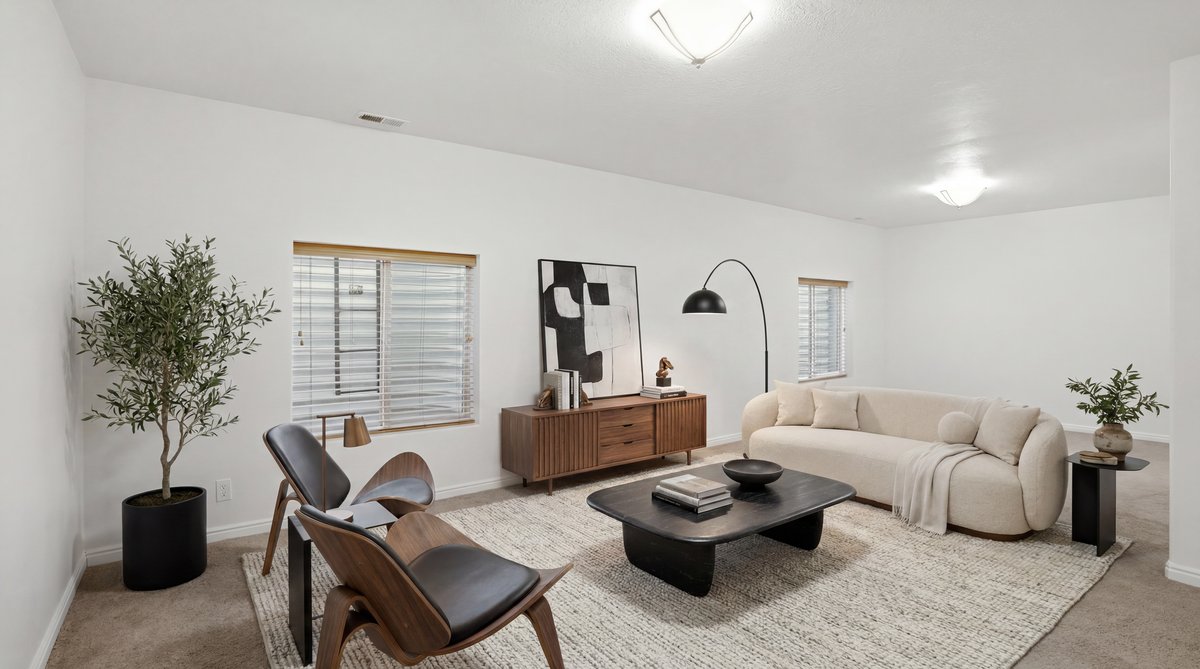 Spacious living area featuring neutral carpeting and white walls