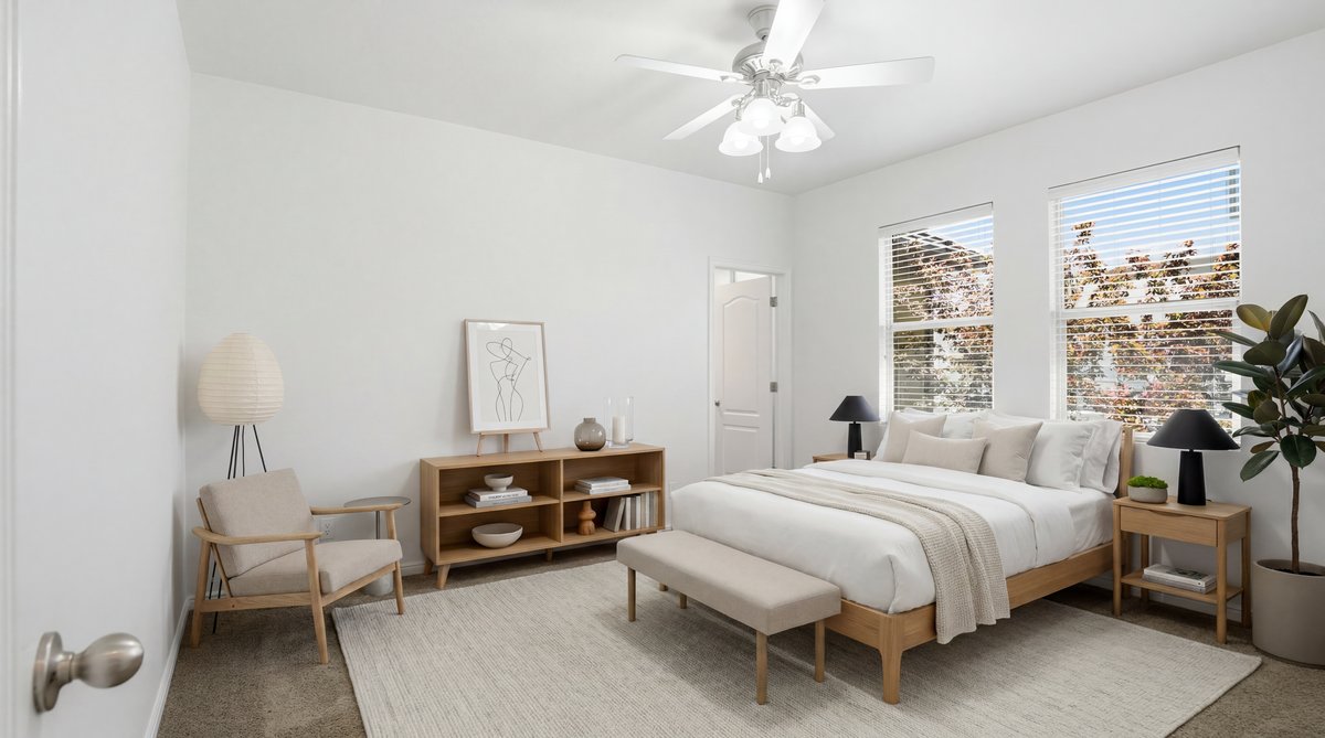 Spacious bedroom featuring dual windows with horizontal blinds, a ceiling fan with integrated lighting, and neutral-toned wall-to-wall carpeting
