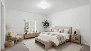 Bedroom featuring light colored carpet and baseboards