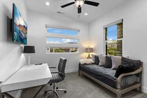 Office space with ceiling fan, carpet flooring, and recessed lighting