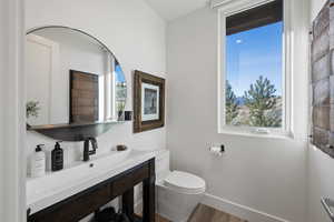 Bathroom with toilet and dark wood-style flooring