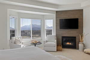 Carpeted bedroom with a large fireplace