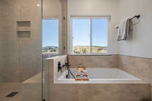 Bathroom featuring healthy amount of natural light, a walk in shower, and a garden tub