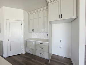 Laundry area with dark wood-style floors