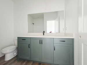 Bathroom featuring vanity and dark wood-style floors