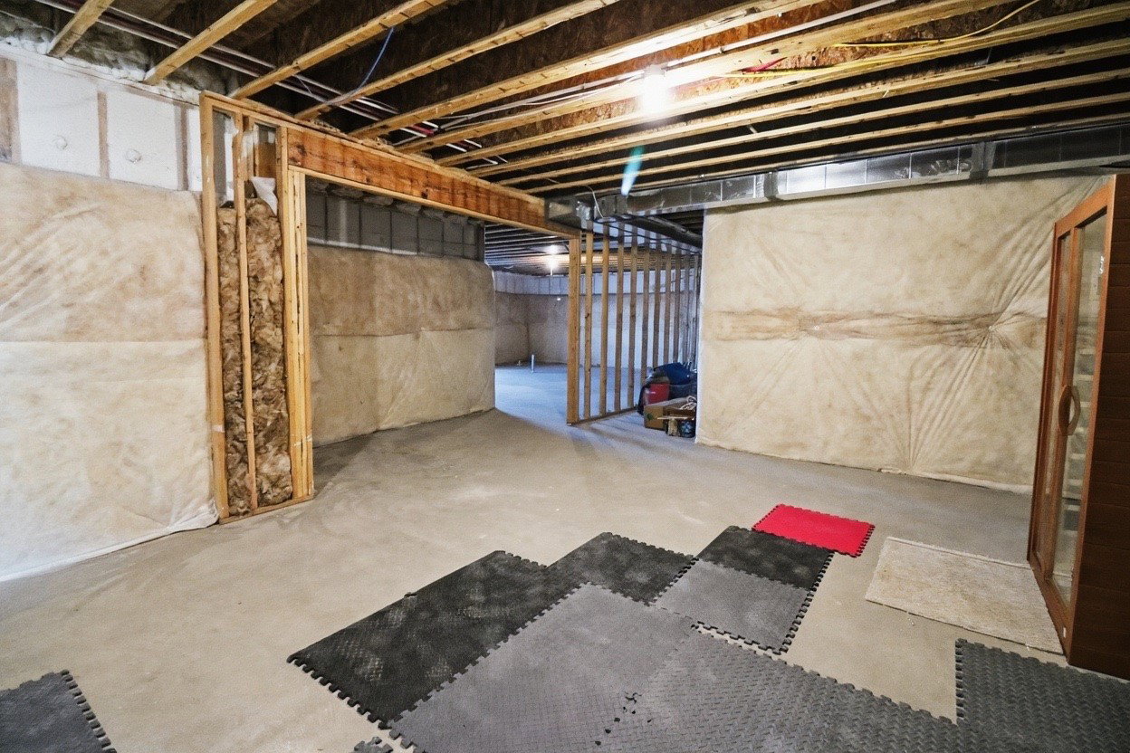 Unfinished basement space featuring exposed wood joists and concrete flooring