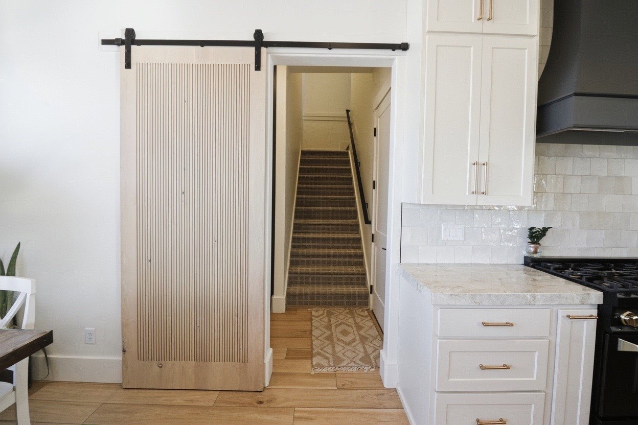 Light wood-finish flooring extending into the kitchen area