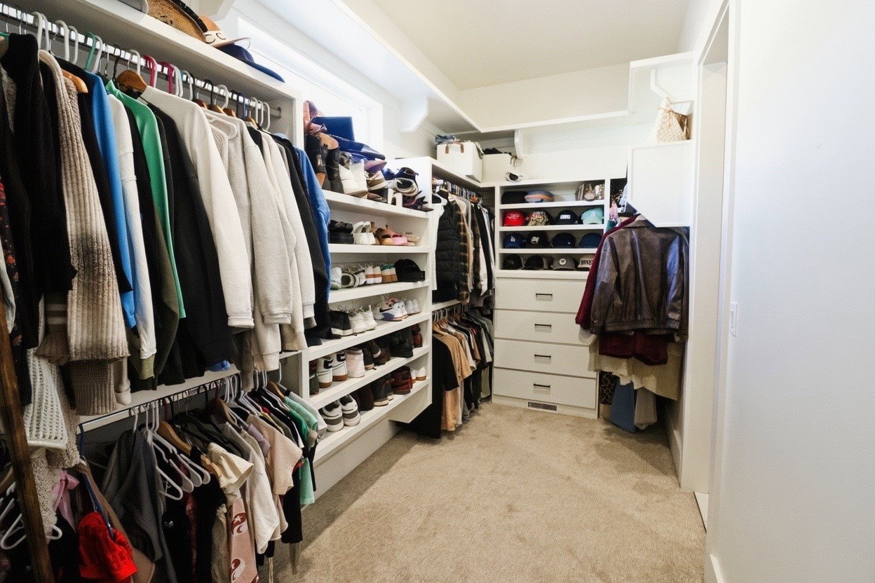 Spacious walk-in closet featuring built-in shelving, multiple hanging rods, integrated drawers, and neutral carpeting