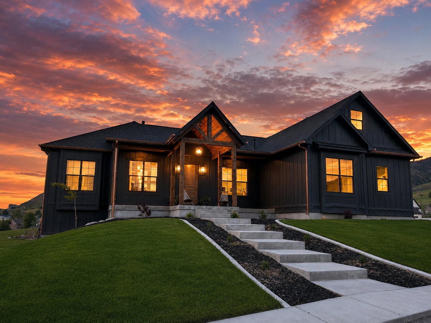 Contemporary dark-paneled exterior with gabled roofline