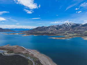 Aerial view of a water and mountain view