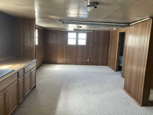 Basement with wood walls and light carpet