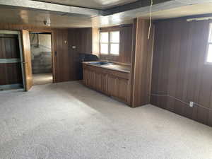 Bar area with light carpet, wooden walls, and wood finish cabinets