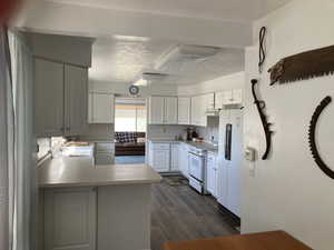 Kitchen with a peninsula, white appliances, light countertops, white cabinets, and dark wood-type flooring