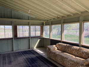Sunroom / solarium with lofted ceiling, carpet floors, wood walls, and plenty of natural light