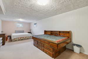 Carpeted bedroom with a textured ceiling