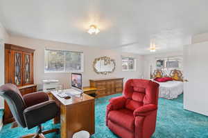 Home office featuring carpet and a textured ceiling
