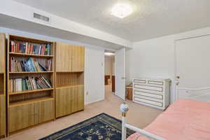 Bedroom featuring light carpet and a textured ceiling