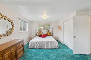 Bedroom featuring a closet and dark colored carpet