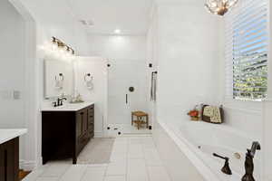 Master bath with two vanities, walk in shower, jetted tub, and marble finishes