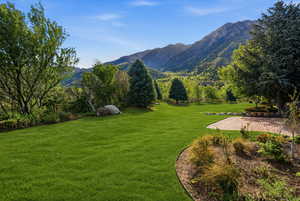 View of grassy yard with a mountain view