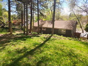 Back of property featuring a chimney and roof with shingles