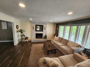 Living room with dark wood finished floors, recessed lighting, a textured ceiling, a fireplace, and ornamental molding