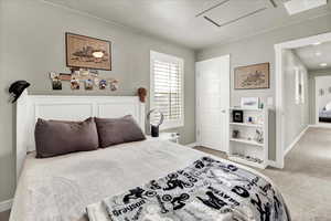 Bedroom with light colored carpet