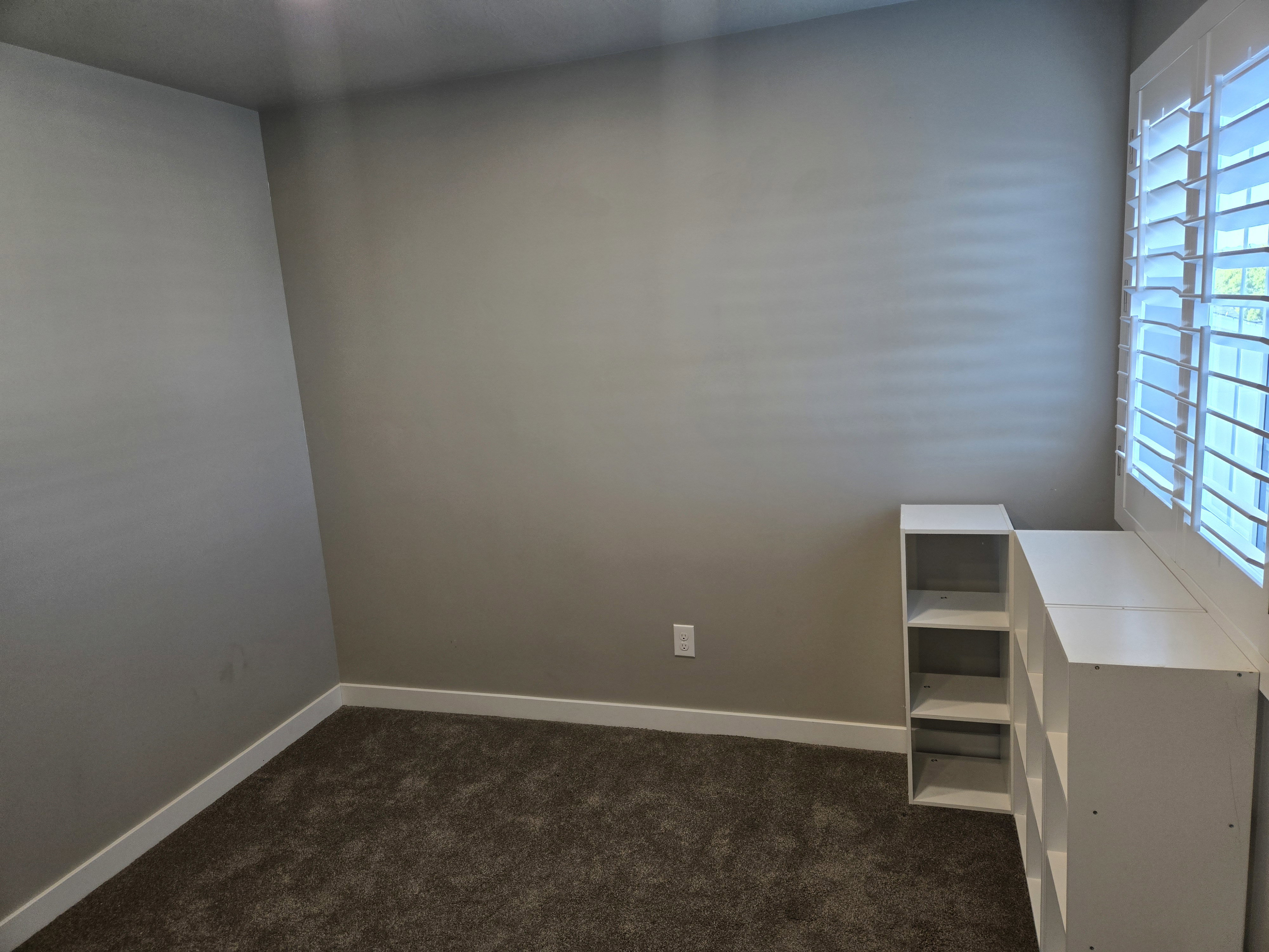 Room featuring plush carpet, neutral wall paint, white baseboards, and a window with white plantation shutters