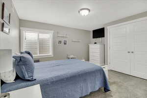 Bedroom featuring carpet and a closet