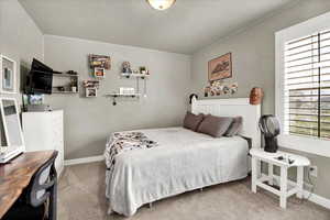 Bedroom featuring light carpet and baseboards