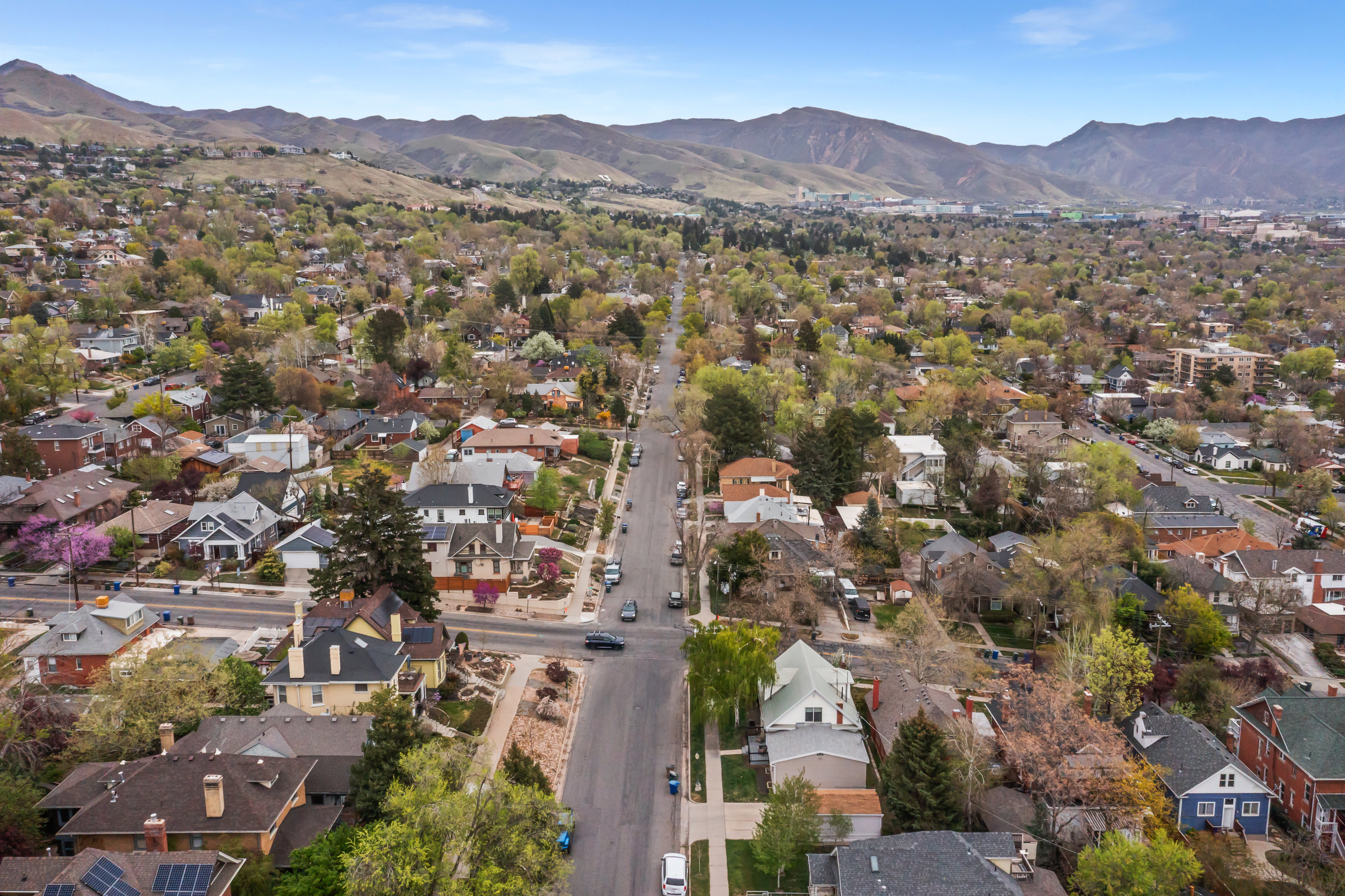 Aerial perspective of suburban area featuring a mountainous background