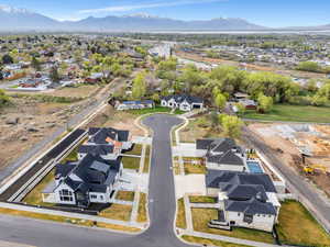 Aerial perspective of suburban area featuring mountains