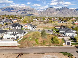 Aerial perspective of suburban area with mountains