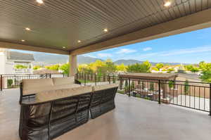View of patio / terrace with a mountain view