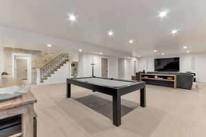 Rec room with light carpet, recessed lighting, and pool table