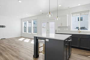Kitchen featuring two tone cabinetry, a kitchen breakfast bar, decorative light fixtures, light wood-style floors, and plenty of natural light