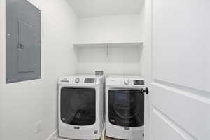 Laundry room featuring electric panel and washing machine and clothes dryer