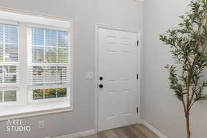 Entryway with light wood finished floors and plenty of natural light