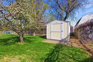View of shed with a fenced backyard